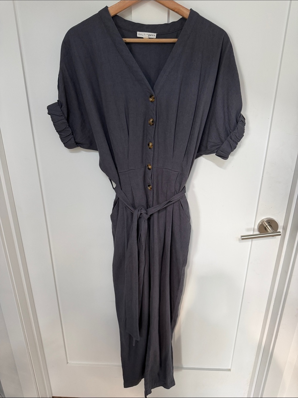 Baltic Born Charcoal Gray Button-Front V-Neck Jumpsuit with Tie Waist